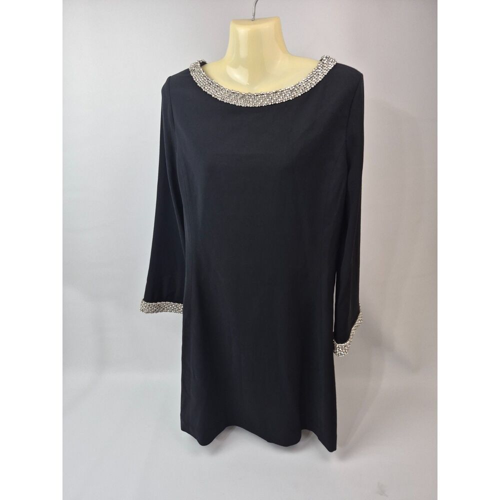 Alice + Olivia Black Crystal Embellished Bell Sleeve Satin Minidress Size 10 - Picture 2 of 5